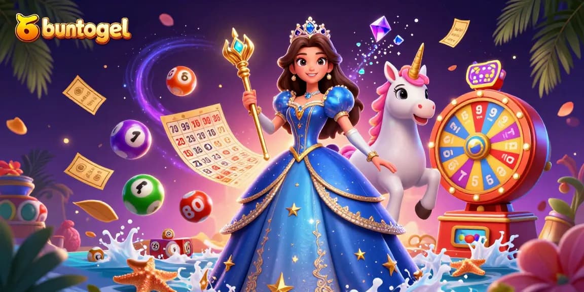 Buntogel players revel in vibrant lottery excitement with a magical scene of colorful balls and prizes.