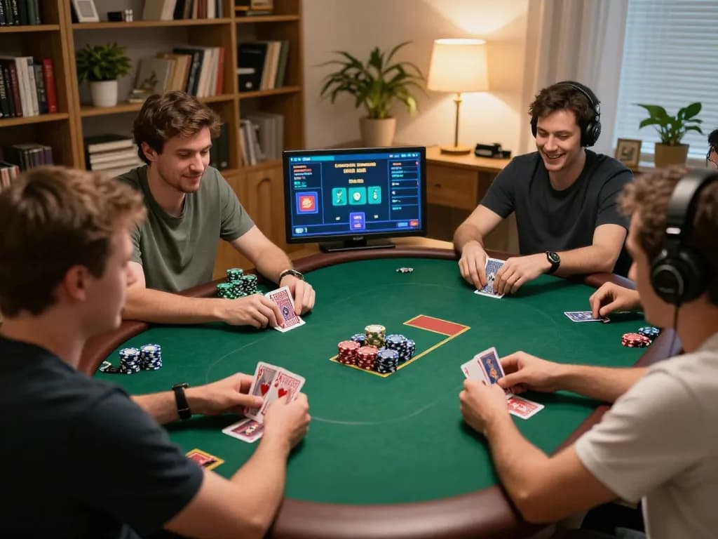 Players enjoying an exciting online poker game at XO88, showcasing strategies and engagement in a home setting.