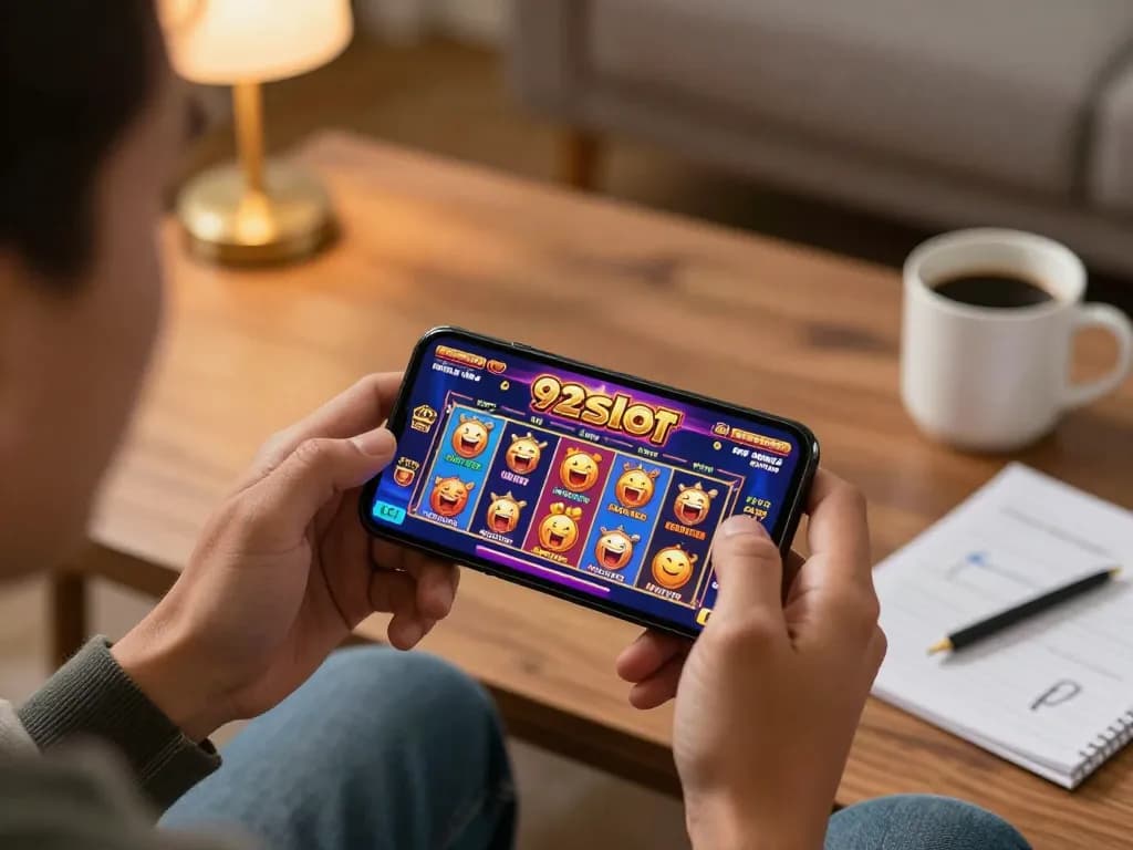 Player enjoying a lively 92slot game on their smartphone in a cozy home setting