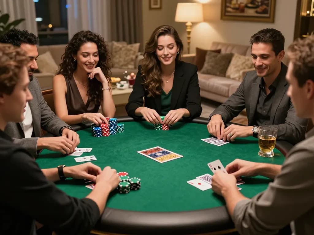 Engaged players at an upscale home poker game showcasing Nhà cái uy tín through competitive playing.
