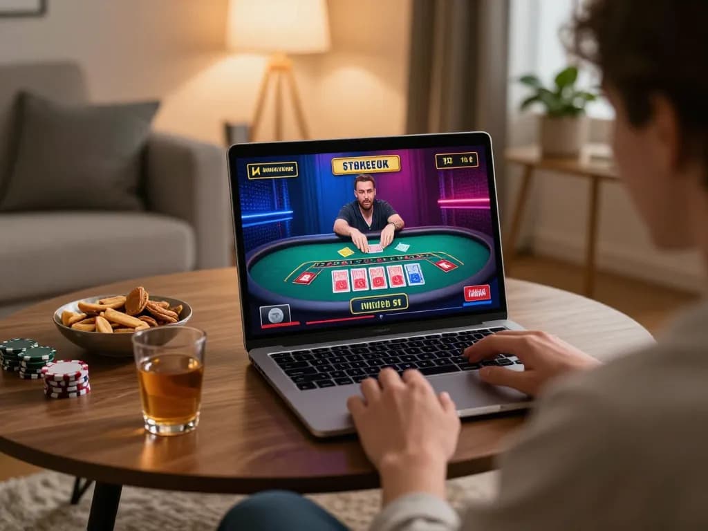 VU88 player enjoying live blackjack on laptop, showcasing strategic gameplay in cozy setting