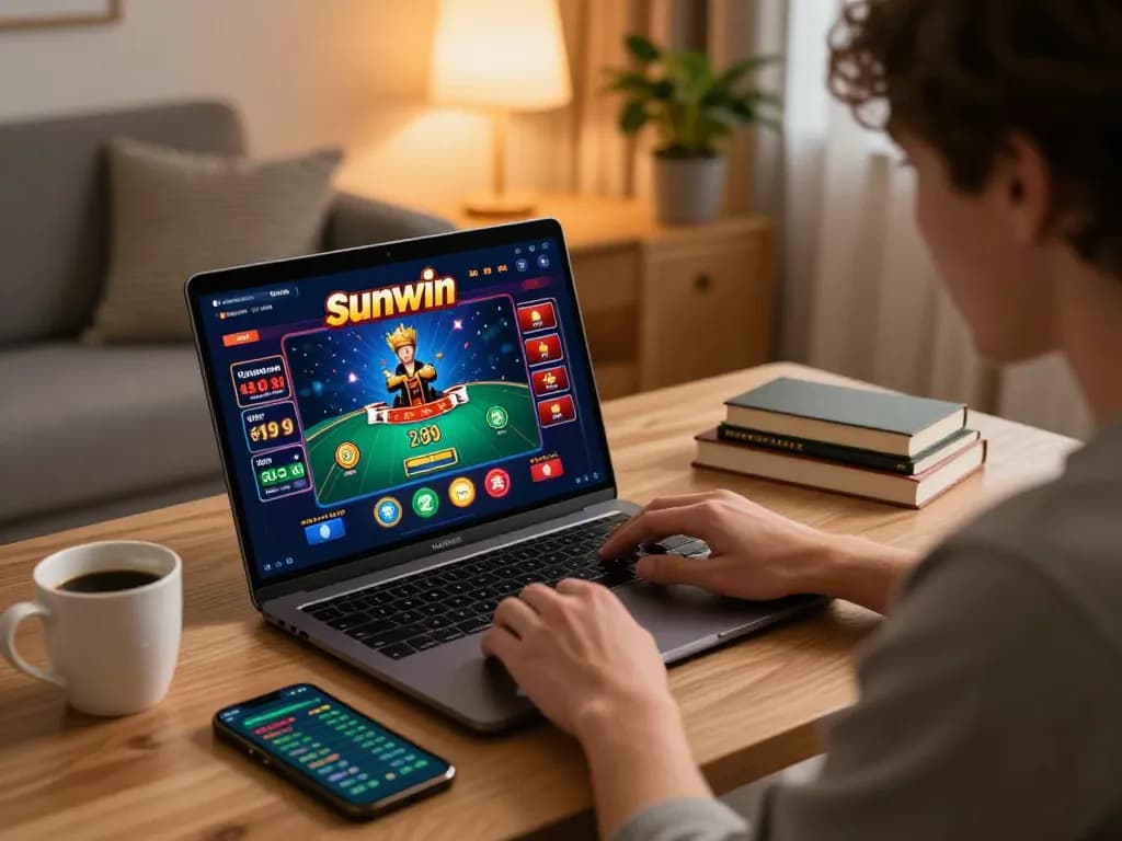 Engaging in sunwin online casino gameplay on a laptop in a cozy living room atmosphere.