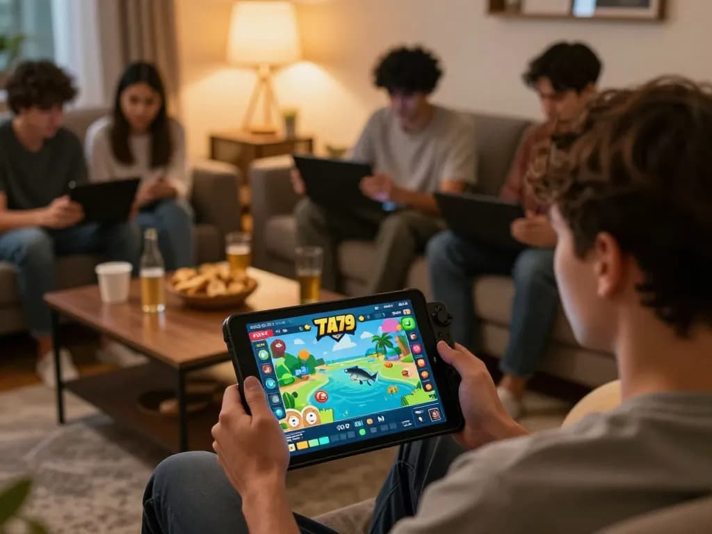 Engaging player at fun79 fishing game on tablet in comfortable home setting