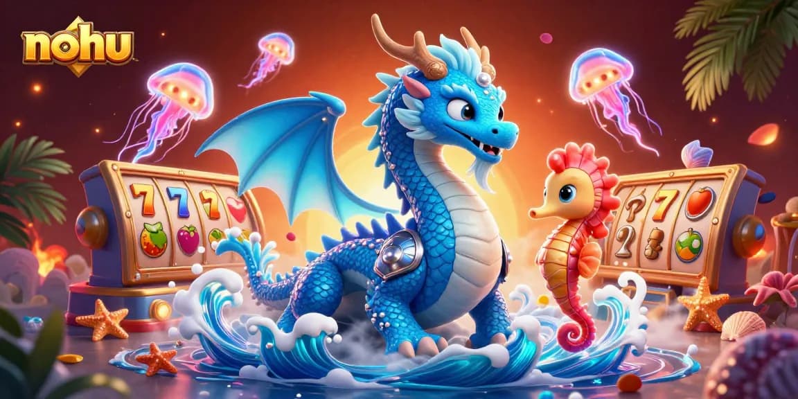 Experience the vibrant nohu slots scene with a dragon, seahorse knight, and neon jellyfish.