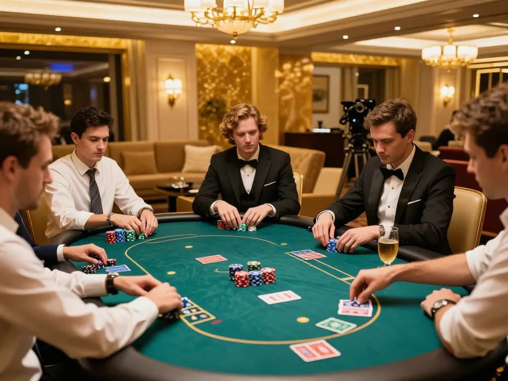 Players engaged in a thrilling poker game at W188 VIP gaming area, luxury atmosphere, high stakes excitement