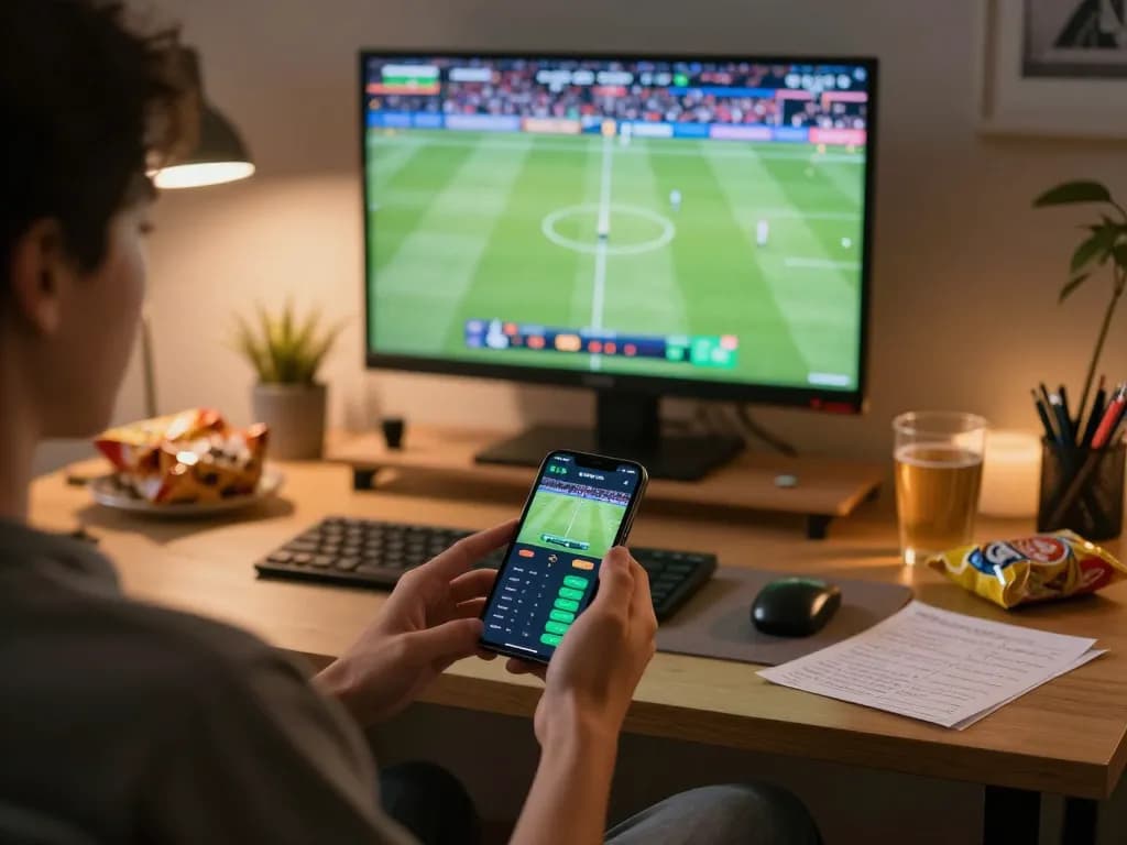 Person engaging in sports betting via a smartphone app, showcasing Lu88 betting excitement in a cozy home office.