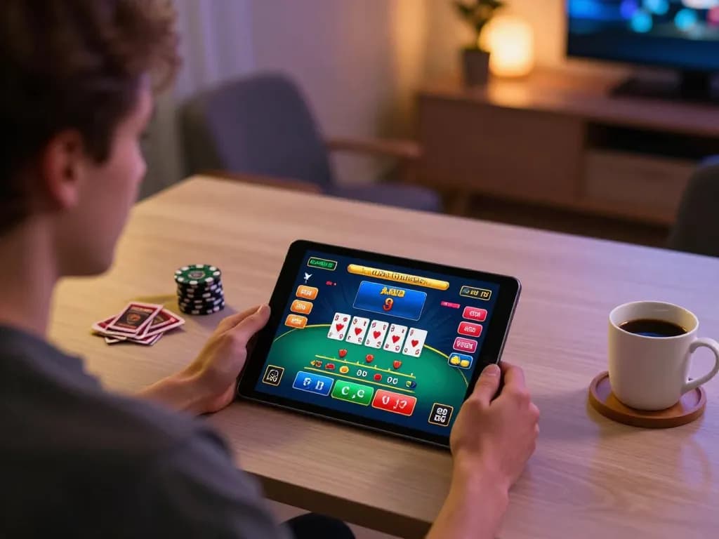 Engaging in a live dealer blackjack game on 33win1 tablet in a cozy home environment.