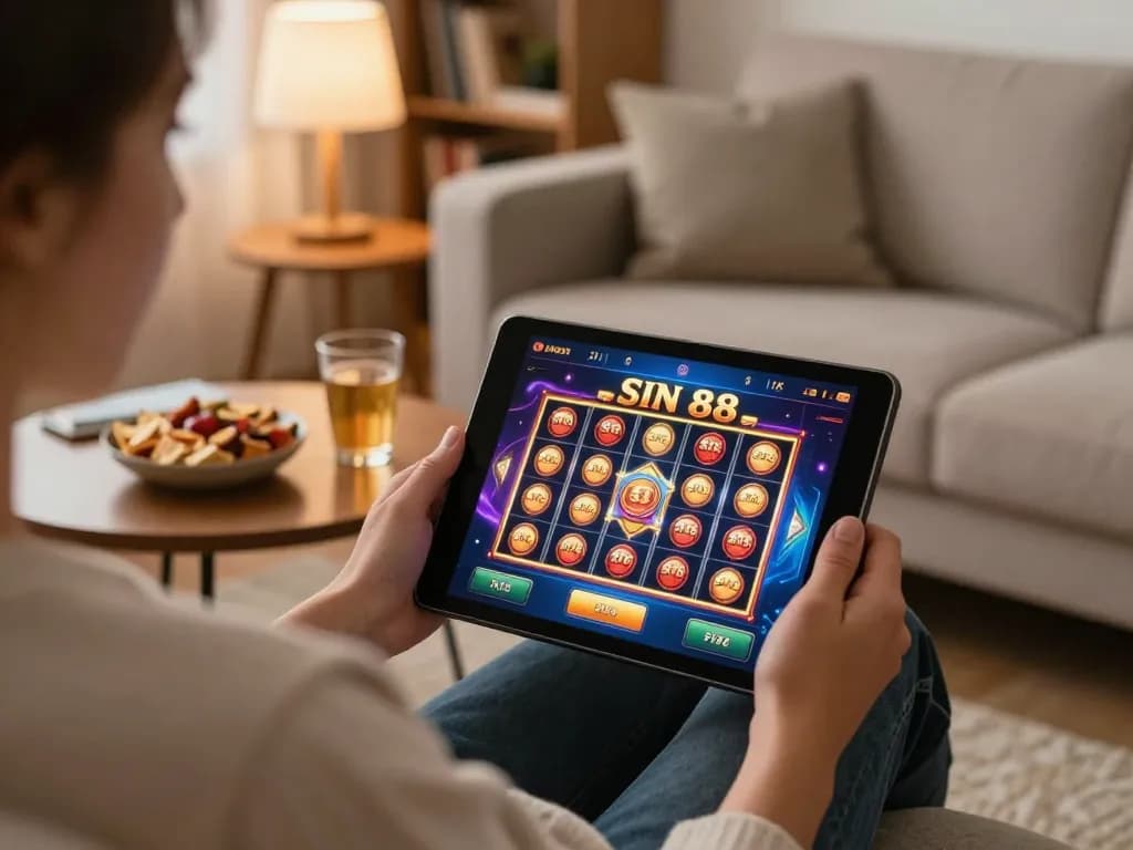 SIN 88 gameplay on a tablet, cozy home entertainment setup with snacks and warm lighting