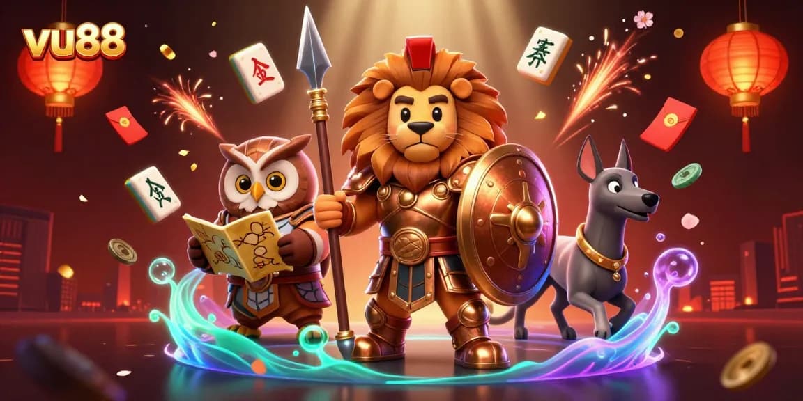 Experience the excitement of vu88 with a vibrant 3D casino scene featuring a brave Spartan lion and strategic owl, packed with dynamic elements.