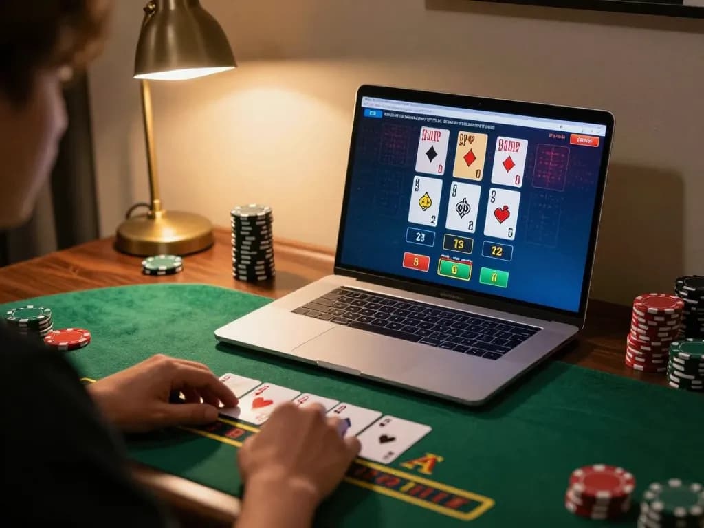 OPEN88 player participating in a live blackjack game on a laptop, demonstrating strategic gambling at home.