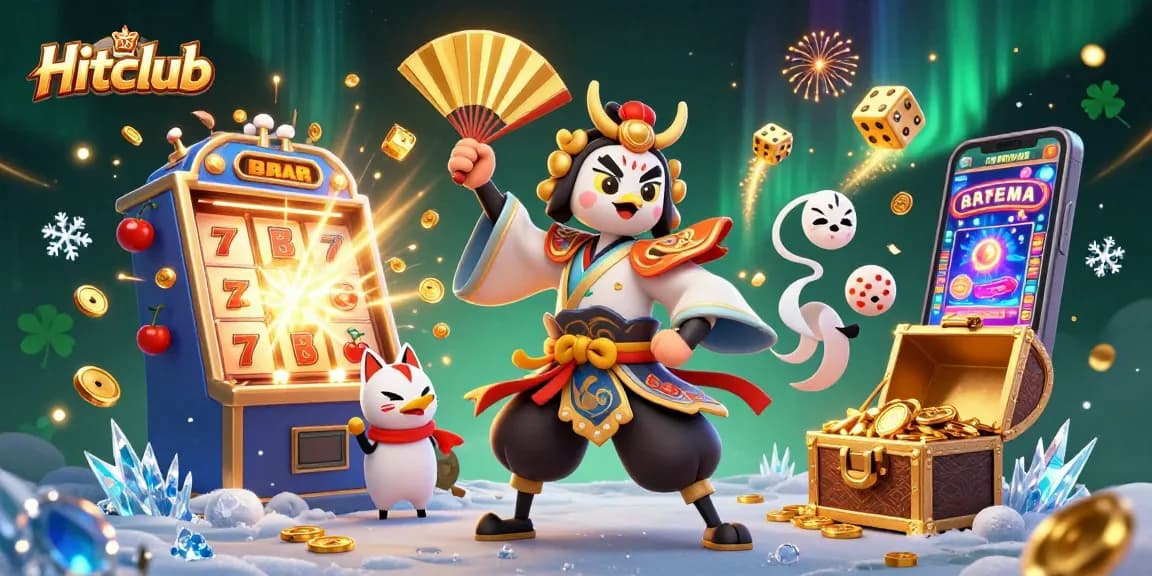 Hitclub showcases an exciting casino scene with a kabuki warrior, vibrant slot machines, and action-packed game elements.