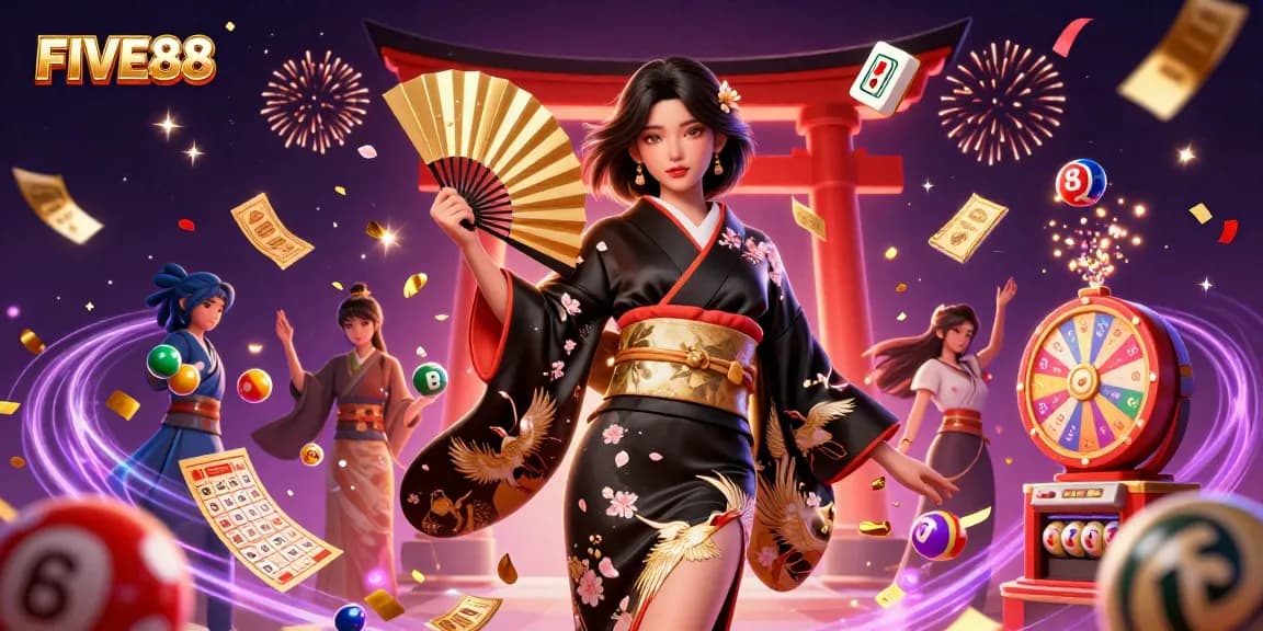 Experience thrilling gaming action with FIVE88's vibrant lottery and casino elements in this dynamic illustration.