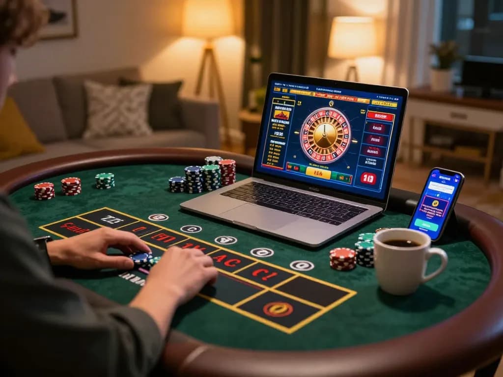 LU88 player enjoying a thrilling live dealer game experience at home with laptop and smartphone.