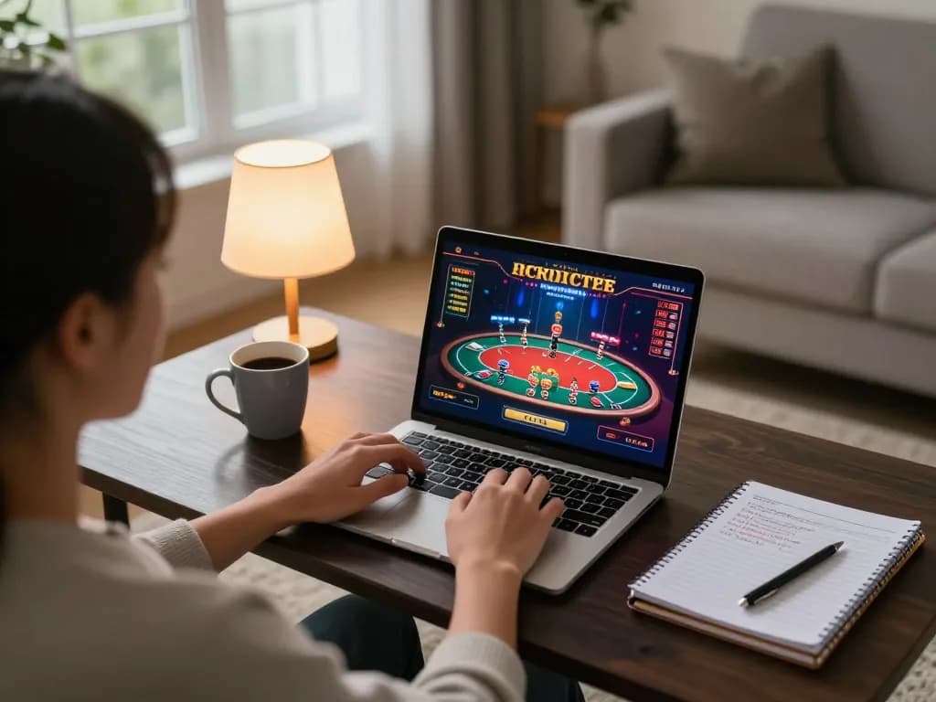 Engaging online casino gameplay on laptop with strategic notes and link max88 visible in cozy home setting.