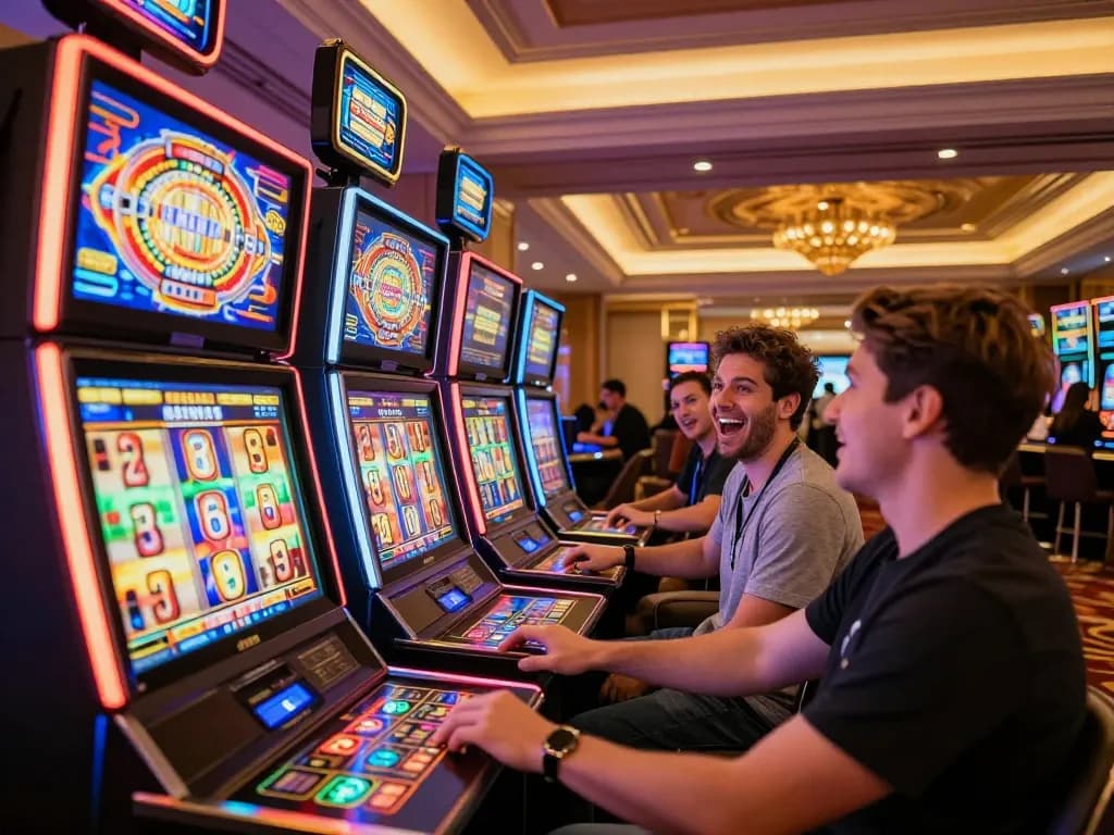 Players enjoying the excitement of lc88 slot machines with colorful reels and bright lights.