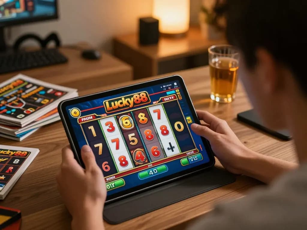Engaging gameplay on Lucky88 slot with user celebrating a winning combination at home