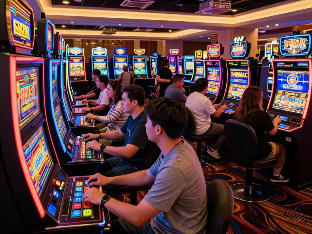 Experience thrilling gameplay at SKY88 slot machines with vibrant lights and engaged players.