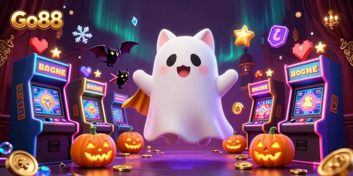 Engage with Go88's haunted casino experience featuring a ghost cat and vibrant game elements.
