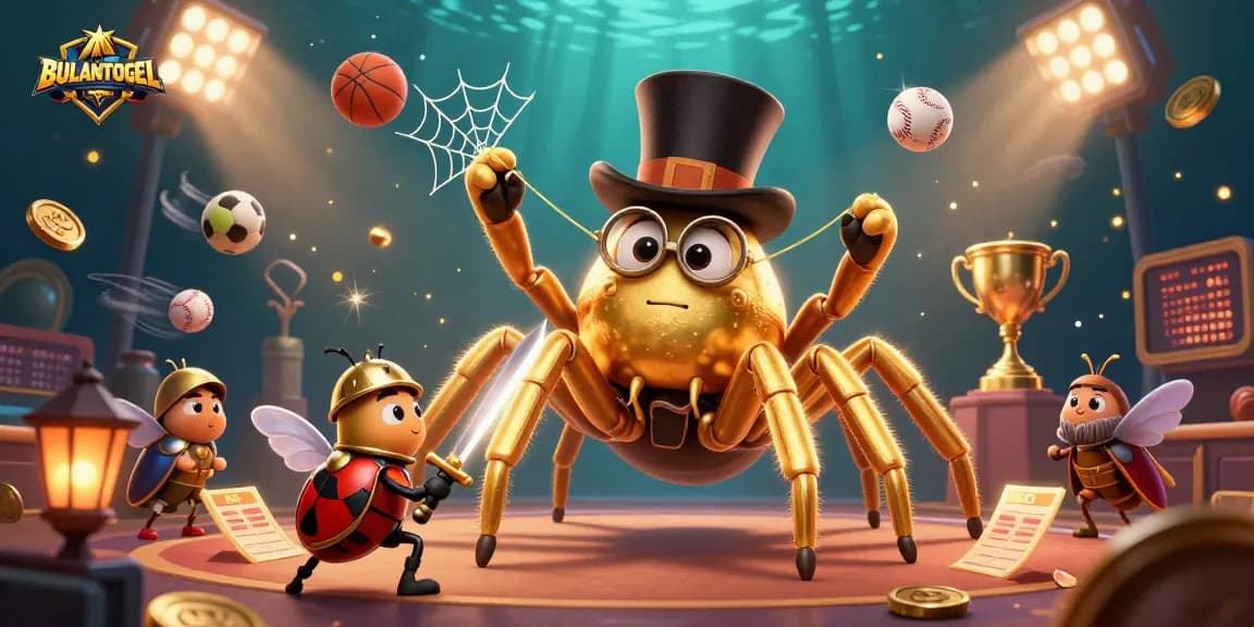 BULANTOGEL spins a captivating tale with a 3D golden tarantula and knight battling amidst dynamic sports elements.