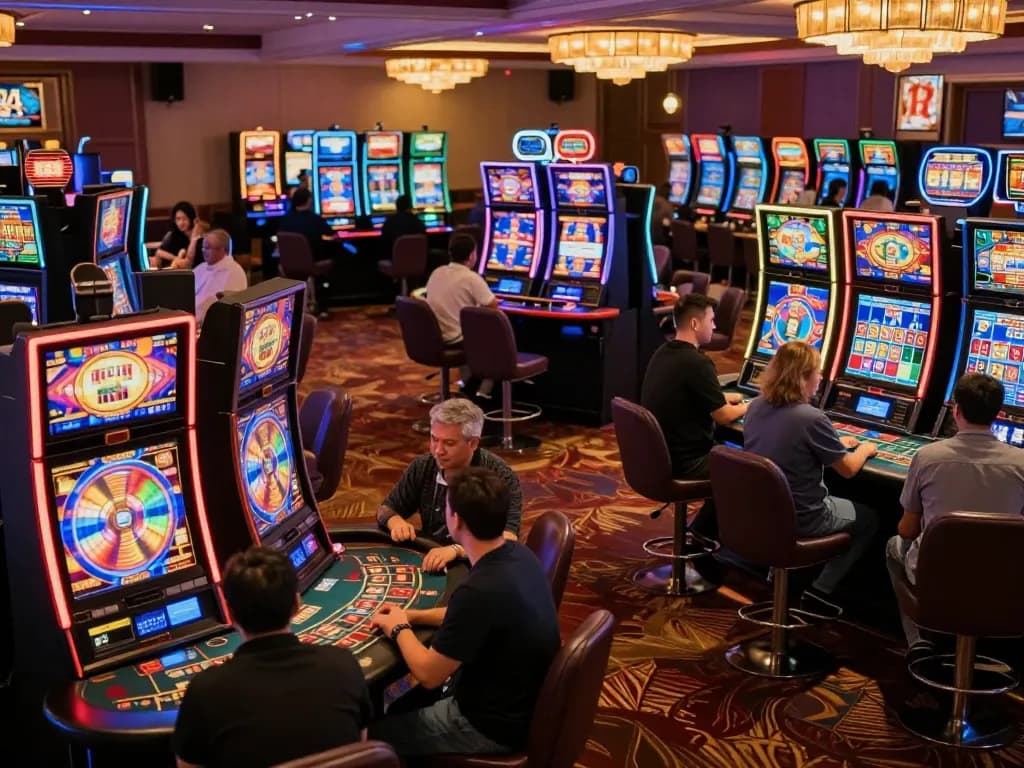 Players enjoying DA88 while engaging with colorful slots at a lively casino