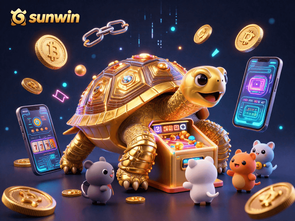 Engage with sunwin's vibrant 3D illustration showcasing a fun casino-themed game environment.