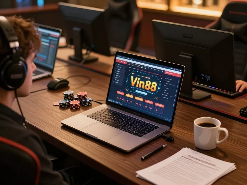 Users engage with Vin88 casino gaming interface on a sleek laptop, enjoying an immersive online experience.