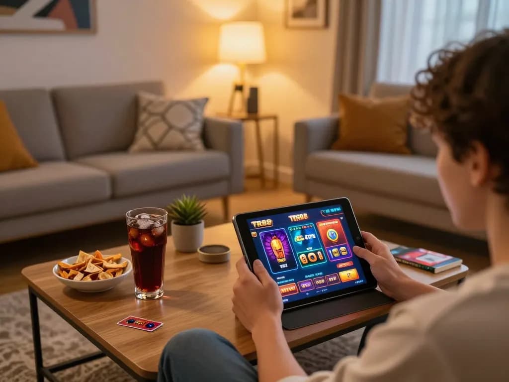 Player enjoying TR88 online casino games on tablet in a cozy living room setting