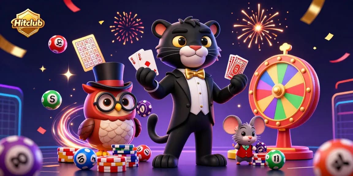 Experience gaming excitement at Hitclub with colorful lottery elements and animated casino characters.