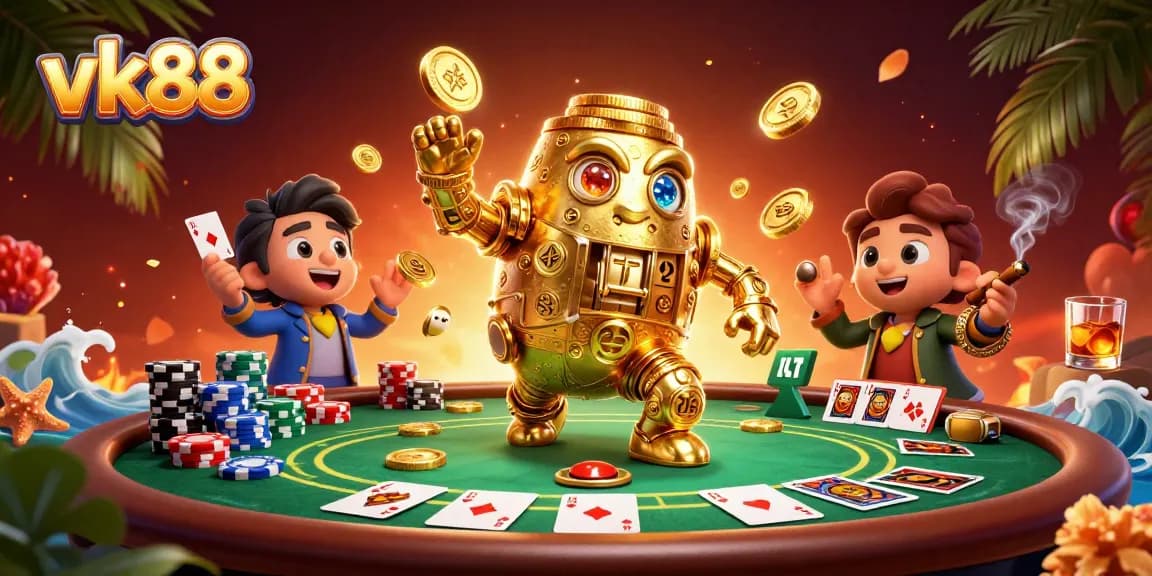 Engage in thrilling poker action with vk88 and an ancient golden golem amidst vibrant casino elements.