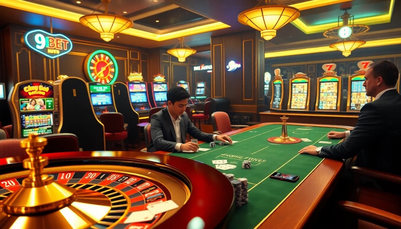 A thrilling scene showcasing a poker table and roulette wheel, emphasizing the excitement of 9BET gaming.