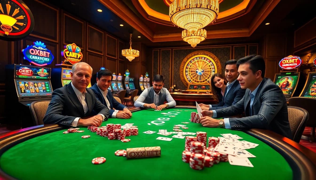Engaging poker game at OXBET casino with colorful chips and players focused in excitement.