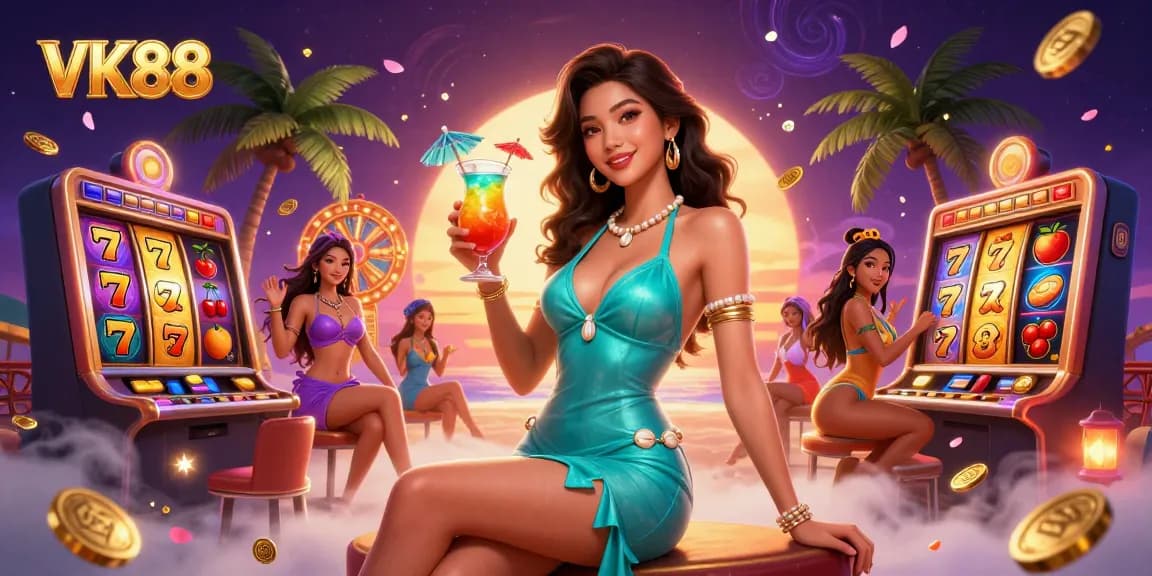 Experience thrilling slot action at VK88 with a glamorous tropical backdrop and dazzling visuals.