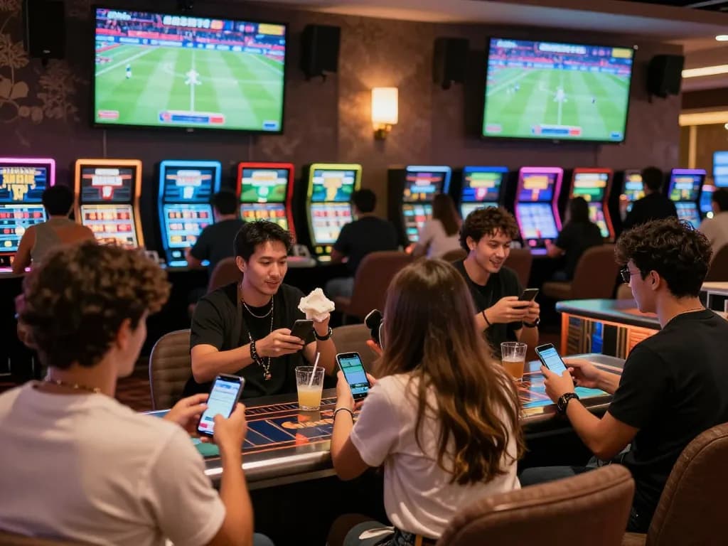 Pemain SBOBET88 merayakan kemenangan di lounge taruhan olahraga yang ramai, menunjukkan semangat dan persahabatan.