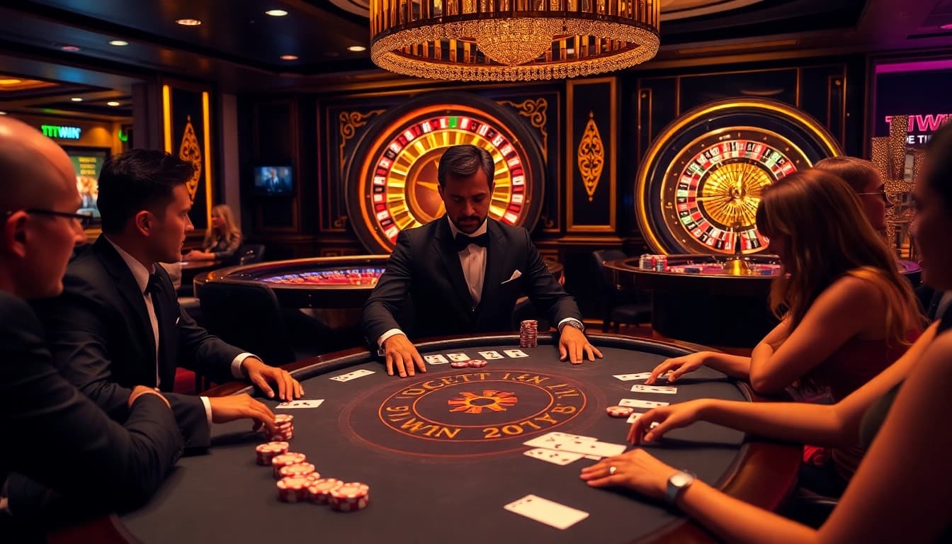 11WIN poker table scene featuring players and a professional dealer in an upscale casino environment.