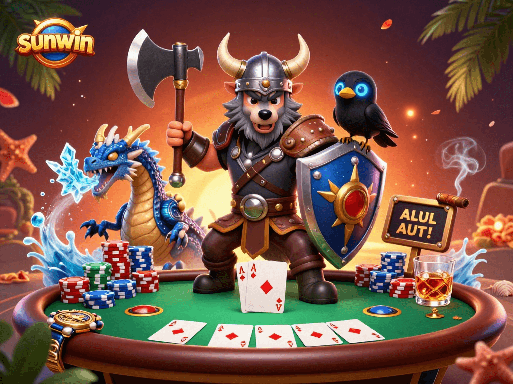 Experience sunwin's dynamic gaming action with a Viking warrior, dragon, and poker elements!