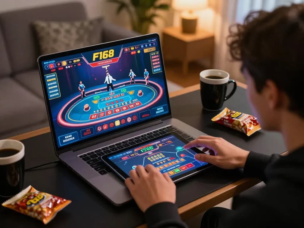 Engaging in live dealer game on F168, showcasing a captivating online casino session at home.