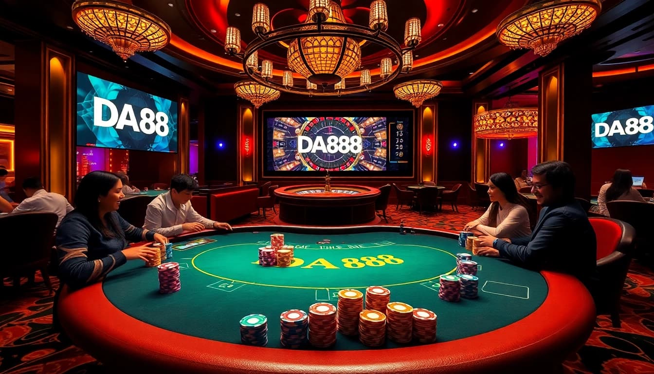 Engaged players strategizing at a luxurious poker table, with vibrant DA88-themed decor.