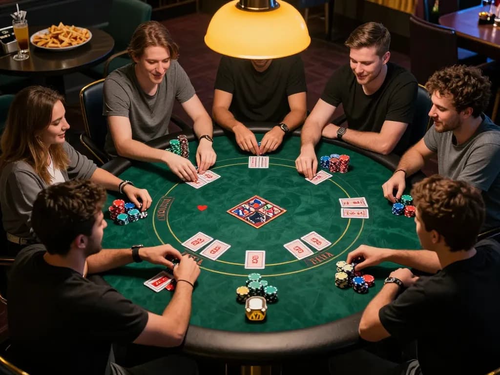 VB88 poker game action with friends enjoying chips and cards at home.