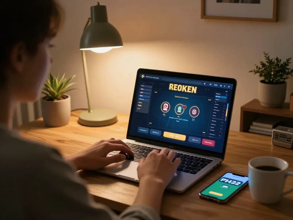 Player enjoying online gaming at PH22 with laptop and smartphone in cozy setting