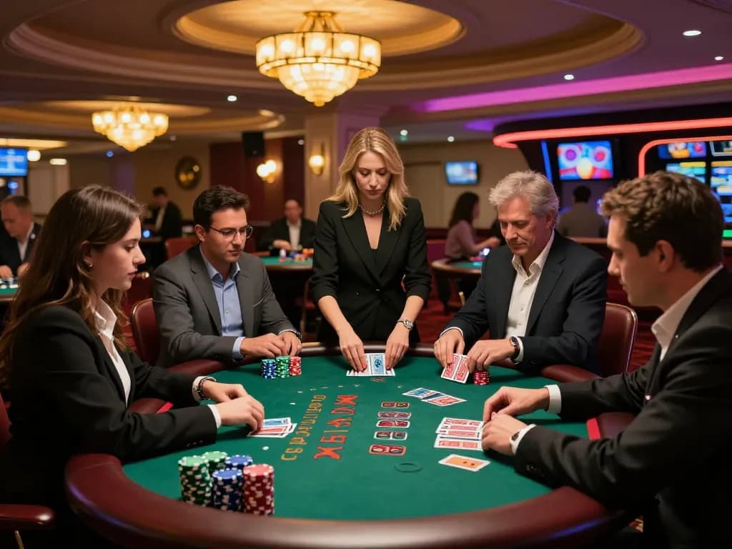 Engaging players at a blackjack table strategizing their bets at HBET casino.