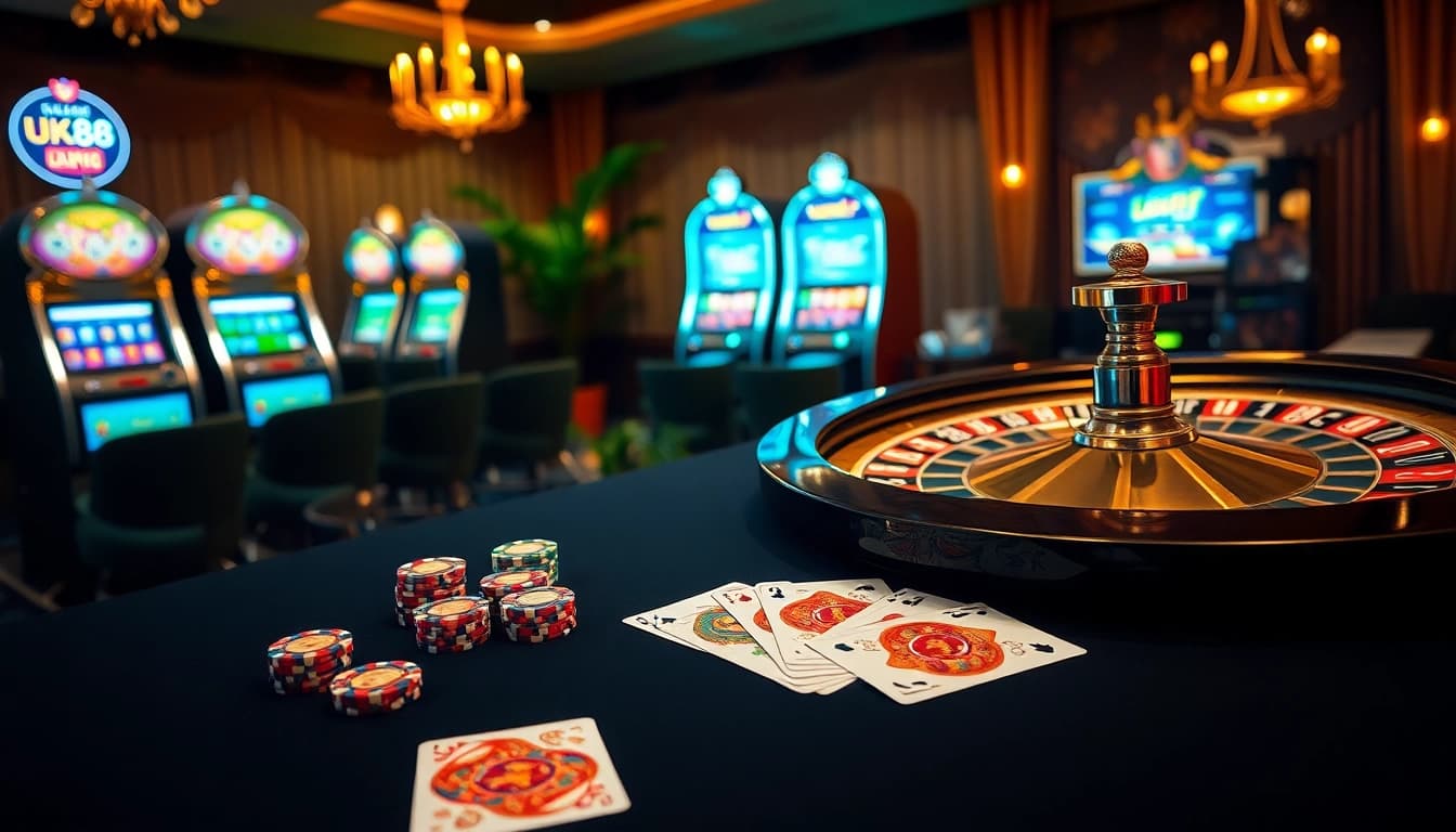 Experience the excitement of gambling at https://uk88.business/ with poker chips and a roulette wheel in a luxurious setting.