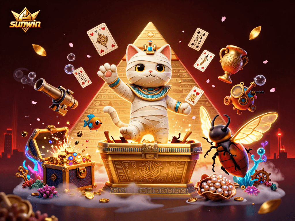 Catch exciting sunwin moments with a dynamic mummy cat and jewels in a vibrant casino scene.
