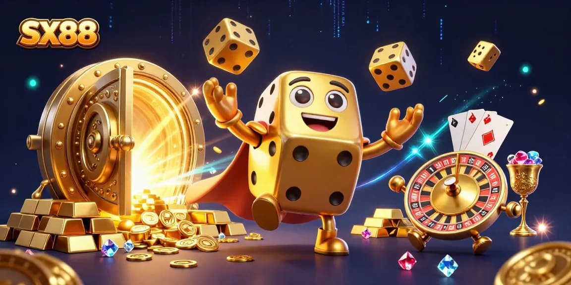 SX88 players enjoy a vibrant 3D casino experience featuring golden dice and treasure elements amidst dynamic casino graphics.