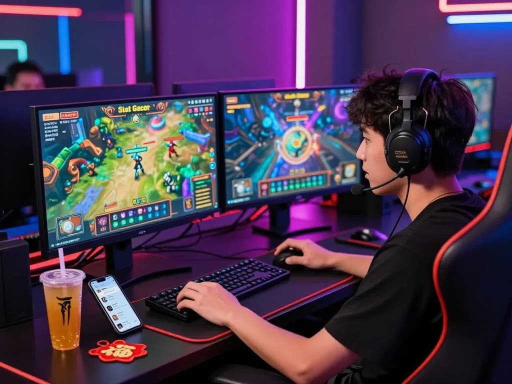 Player immersed in Slot Gacor gaming experience, vibrant screens and neon ambiance.