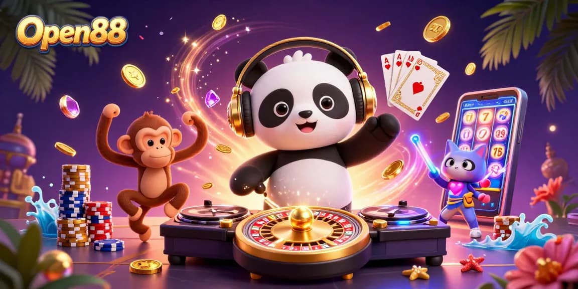 Experience excitement at Open88 with a lively scene showcasing a DJ panda and vibrant characters, celebrating casino fun.