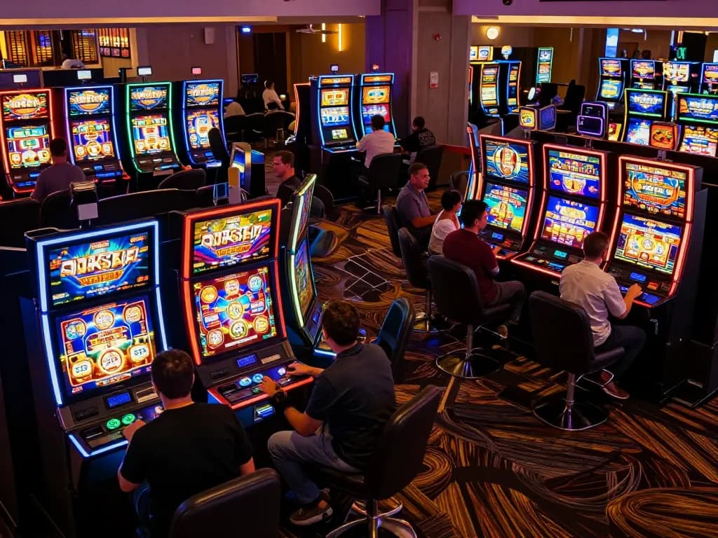 DABET players celebrating wins at engaging slot machines in a lively casino atmosphere.