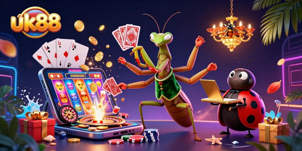 uk88 showcases a vibrant casino scene with a giant praying mantis and ladybug characters engaged in lively card gaming.