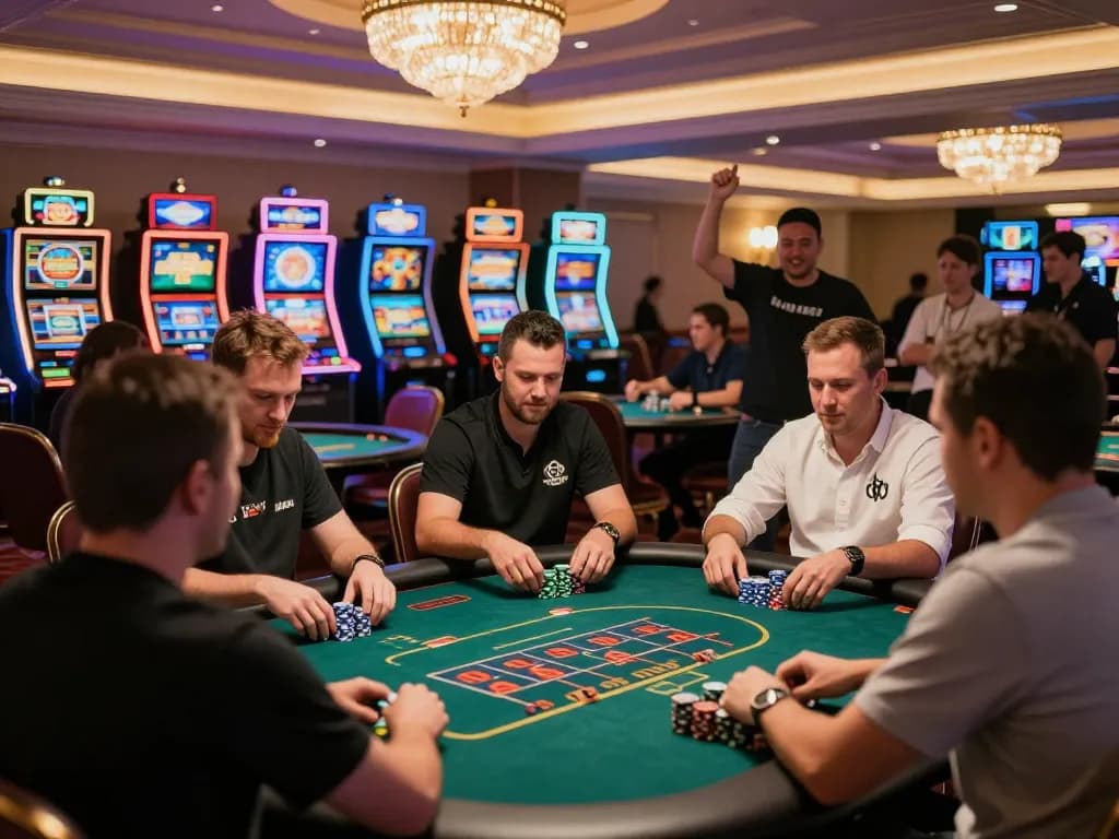Players engaged in poker gameplay on a lively casino floor showcasing the strategy aspects of DIAMOND789.