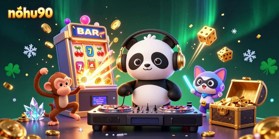 Nohu90 players enjoying vibrant slots explosion with a DJ panda, lively monkey, and kitten.