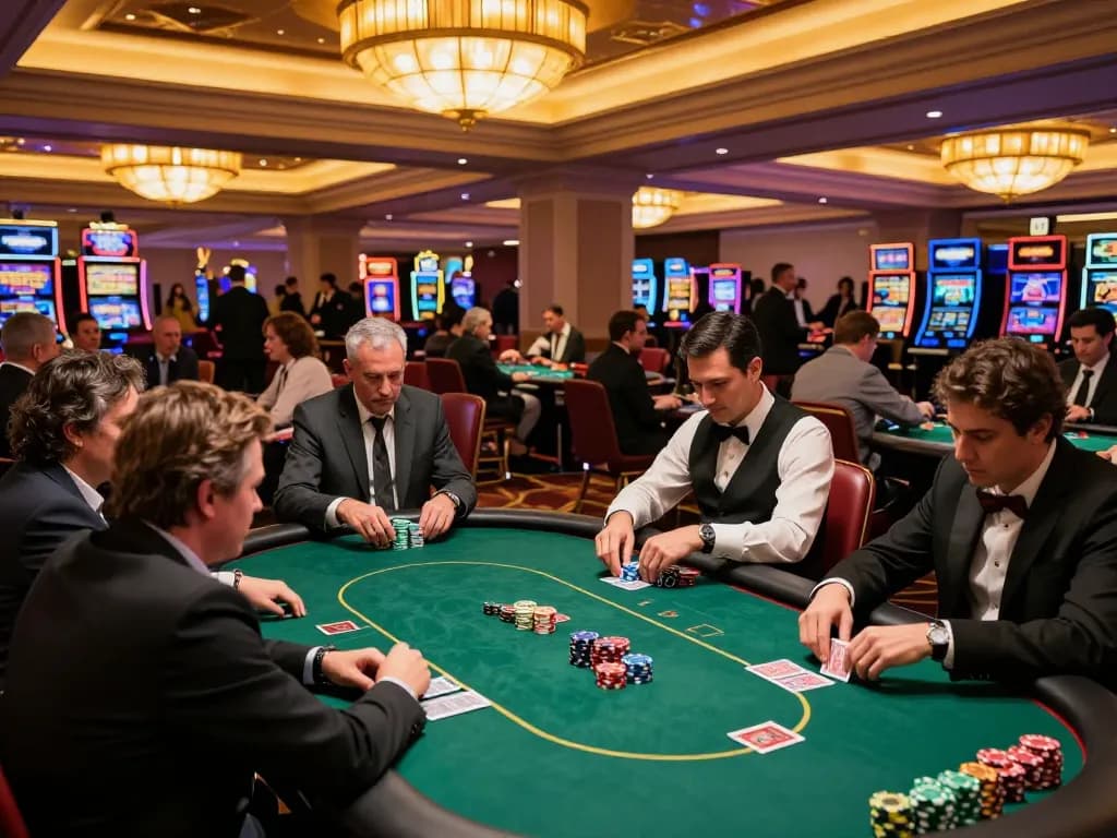 Players engaging in strategic gameplay at VK88 poker tournament in a Las Vegas casino